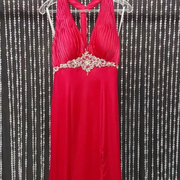 Xcite Satin Fancy Back Prom Dress 30189 Raspberry - Picture 4 of 6